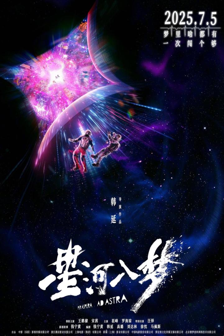 Zwei Astronauten schweben im Weltraum, im Hintergrund der Filmtitel „Per Aspera Ad Astra“.