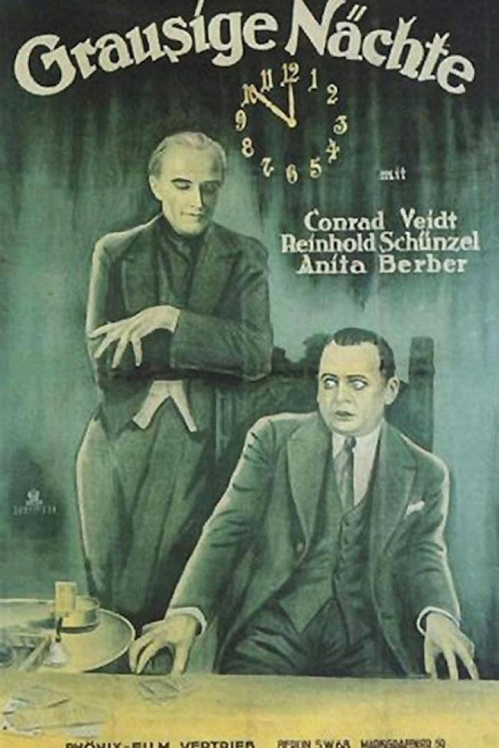 Das Filmplakat für „Grausige Nächte“ zeigt Conrad Veidt und Reinhold Schünzel vor einer Uhr.