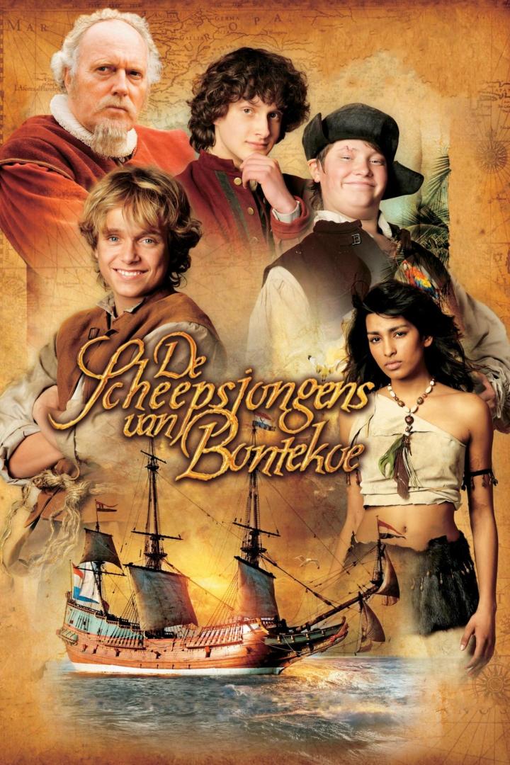 Das Filmplakat für „Die Scheepsjongens van Bontekoe“ zeigt verschiedene Charaktere und ein Schiff.