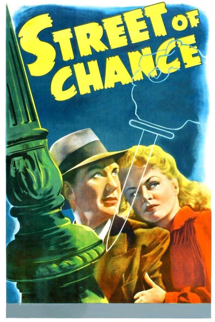 Das Filmplakat für „Street of Chance“ zeigt ein Paar vor einer dunklen Gasse.