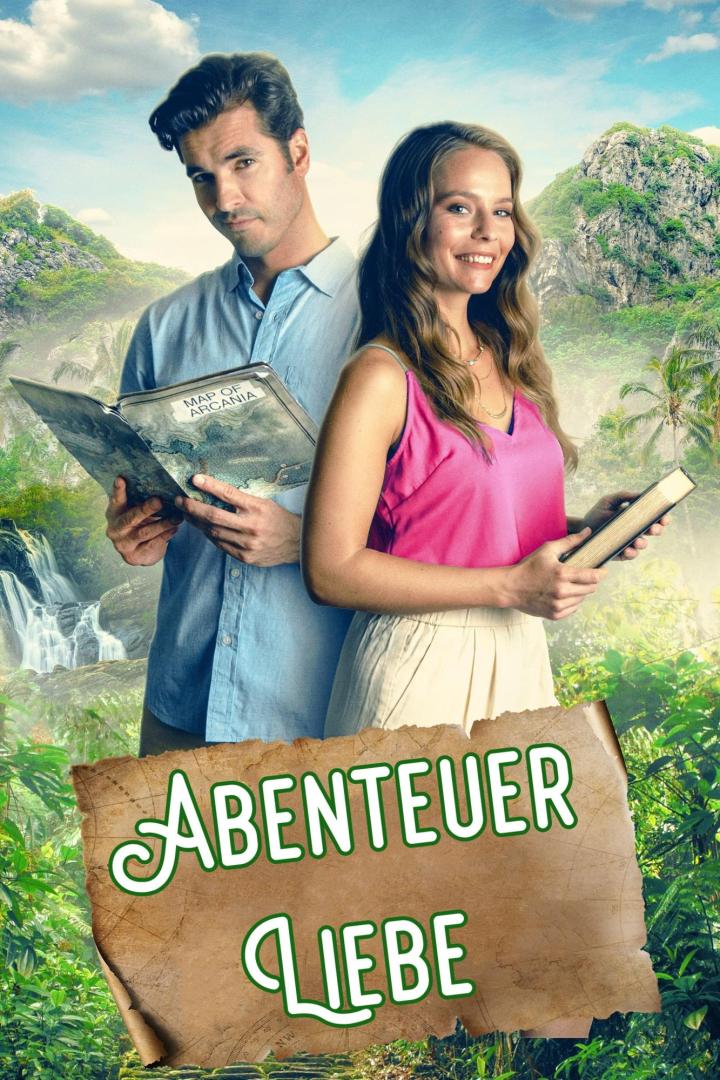 Ein Mann und eine Frau halten Bücher vor einer tropischen Landschaft; Filmposter „Abenteuer Liebe“.