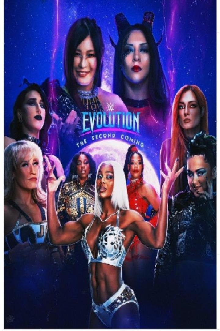 Ein Werbeplakat für „Evolution: The Second Coming“ mit mehreren Wrestlerinnen vor einem blauen Hintergrund.