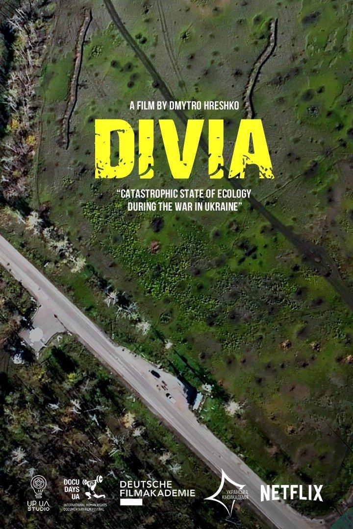 Das Filmplakat für „DIVIA“ zeigt eine Luftaufnahme einer von Krieg gezeichneten ukrainischen Landschaft.