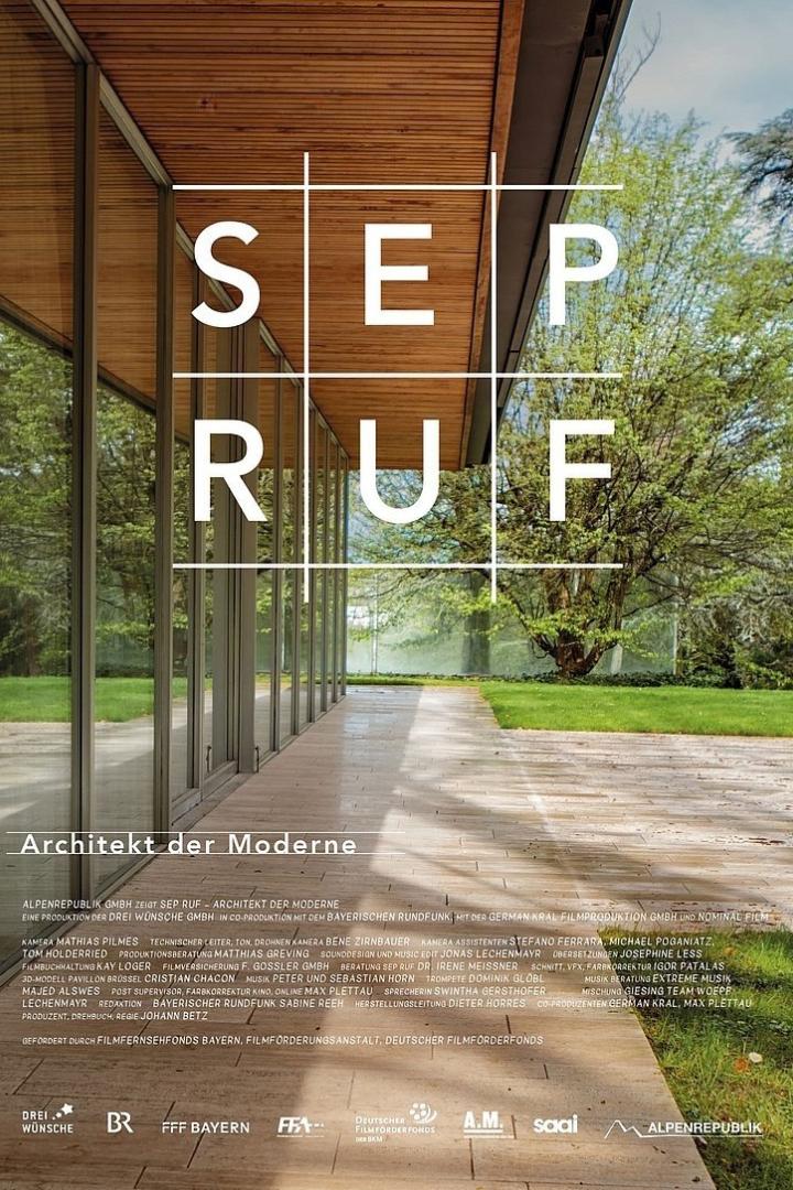 Das Filmplakat für „Sep Ruf – Architekt der Moderne“ zeigt ein modernes Gebäude mit Glasfassade.