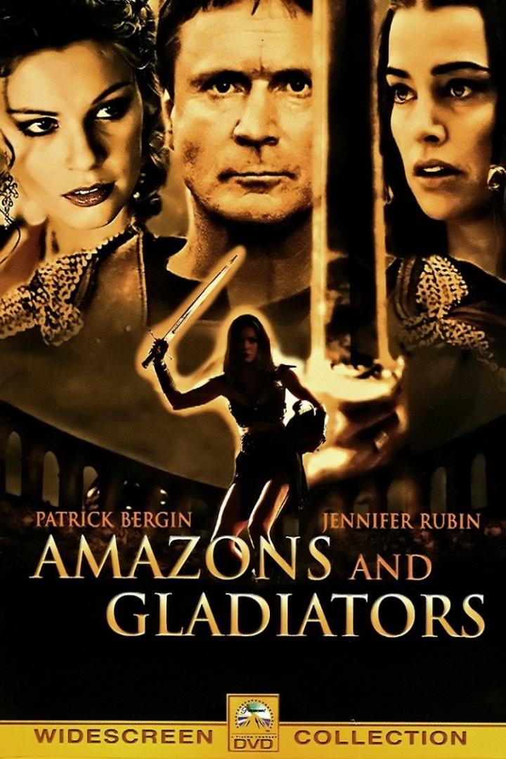 Das Filmplakat für „Amazons and Gladiators“ zeigt Amazonen, Gladiatoren und eine Frau mit Schwert.