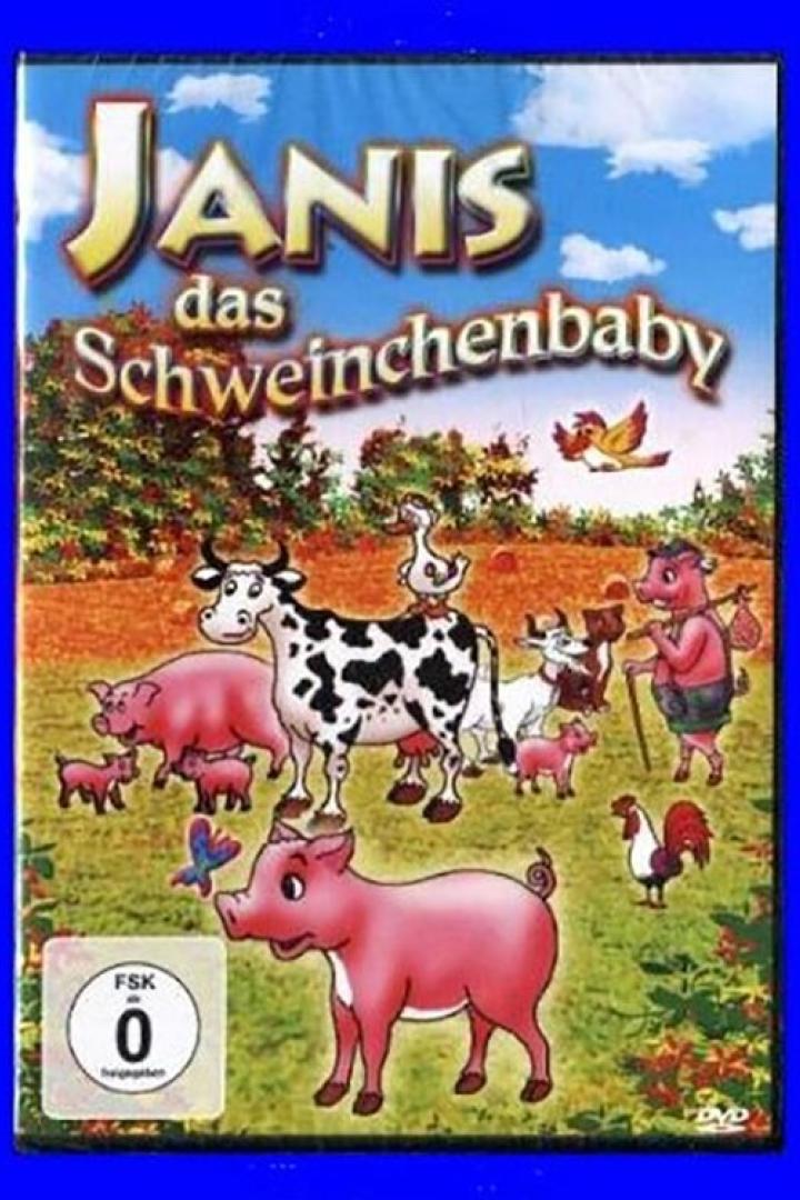 Das Cover der DVD „Janis das Schweinchenbaby“ mit einer Kuh, Schweinen und anderem Getier.