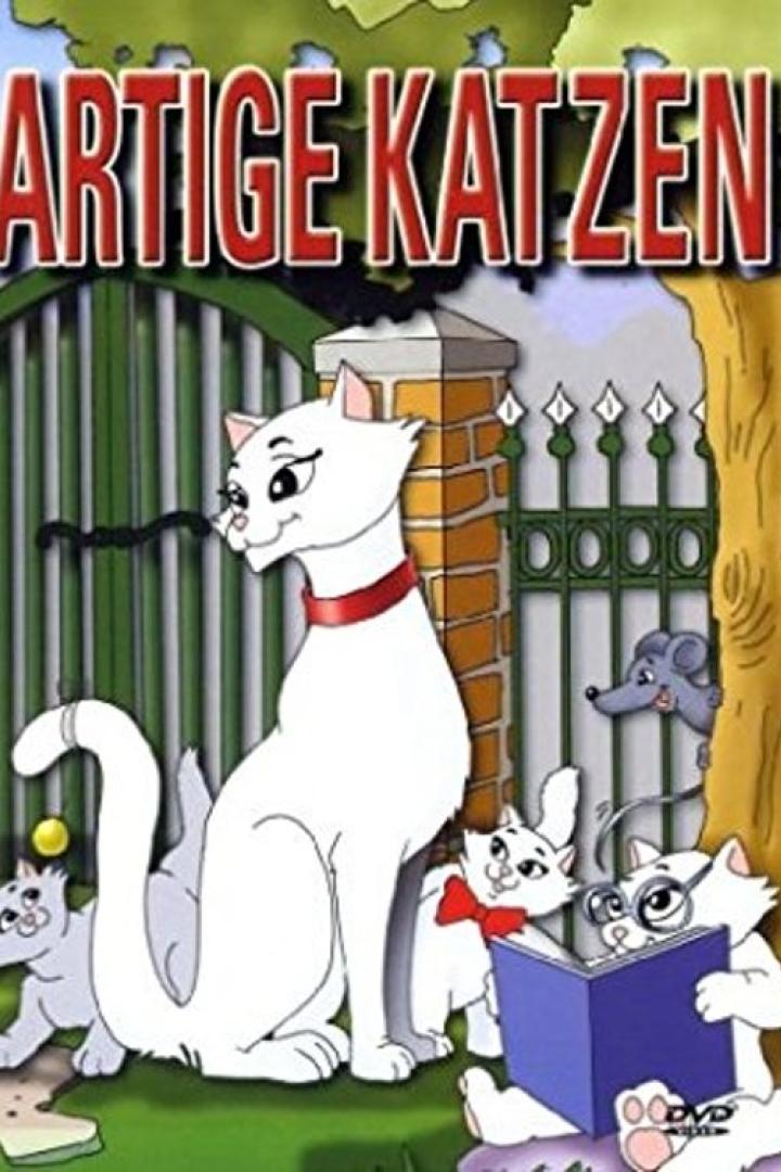 Cover des Zeichentrickfilms „Artige Katzen“ mit einer weißen Katze und ihren Kätzchen.