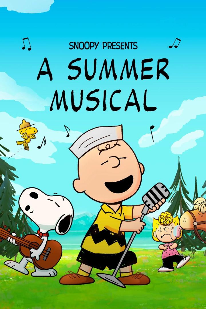 Das Poster für „Snoopy präsentiert: Ein Sommermusical“ zeigt Charlie Brown am Mikrofon, Snoopy mit Gitarre und Woodstock.