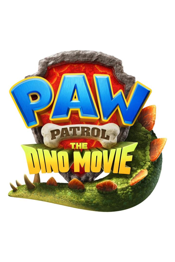 Das Logo für „Paw Patrol: The Dino Movie“ mit einem Dinosaurierschwanz.