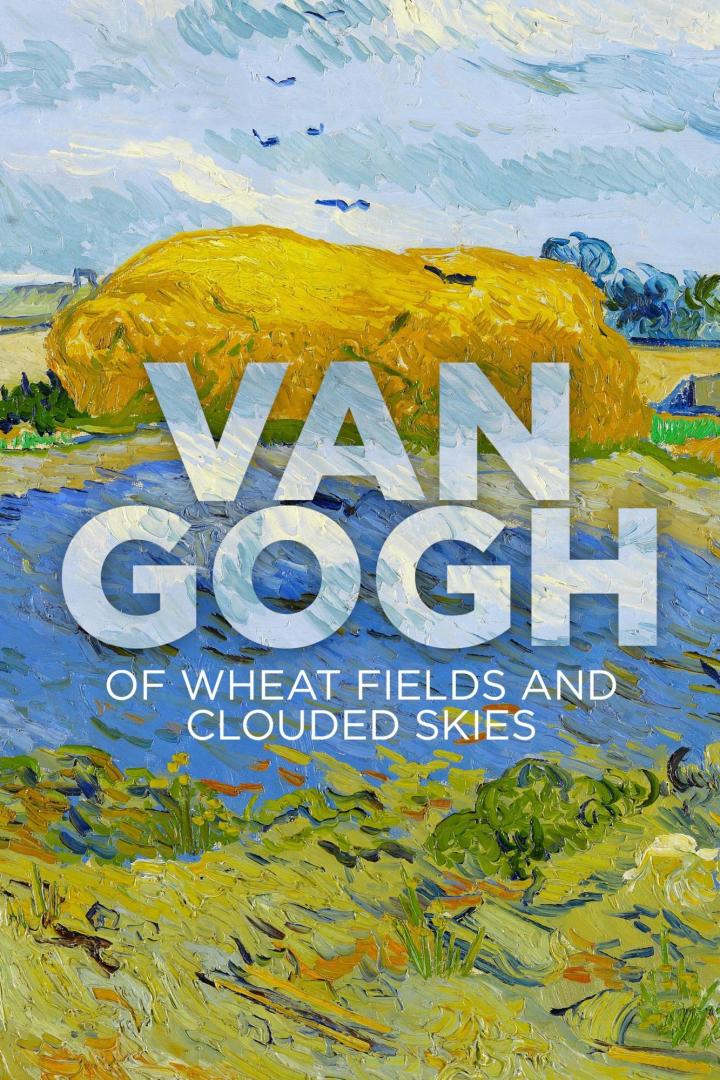 Ein Gemälde von Vincent van Gogh mit einem Heuhaufen in einem Weizenfeld unter bewölktem Himmel.