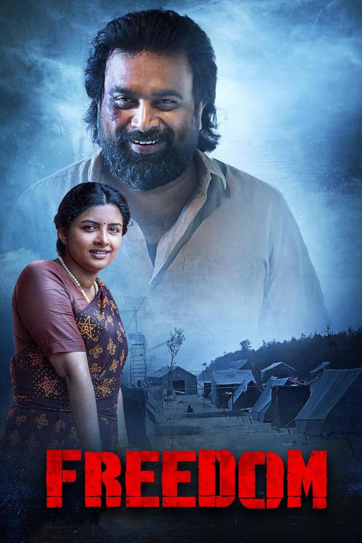 Das Filmplakat für „Freedom“ zeigt eine Frau und einen Mann vor einem Lager.