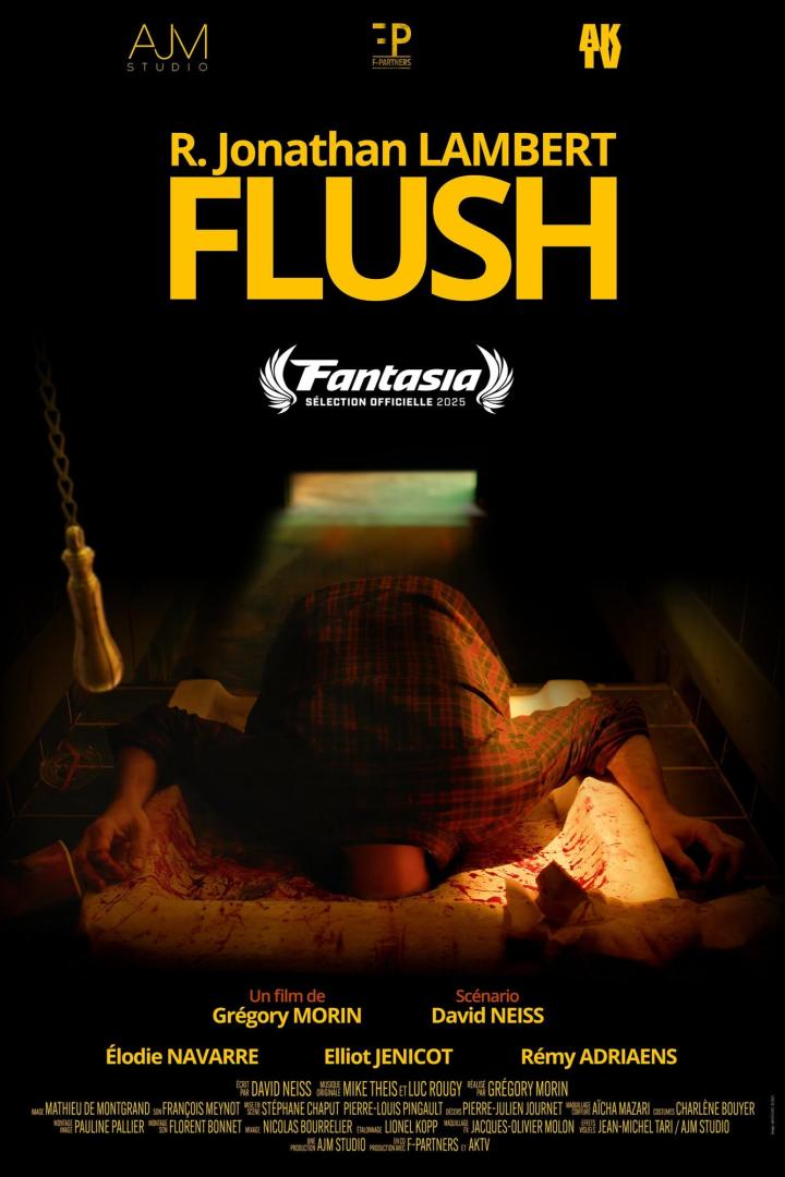Das Filmplakat für „Flush“ zeigt eine Person, die mit dem Kopf in eine blutverschmierte Toilette steckt.