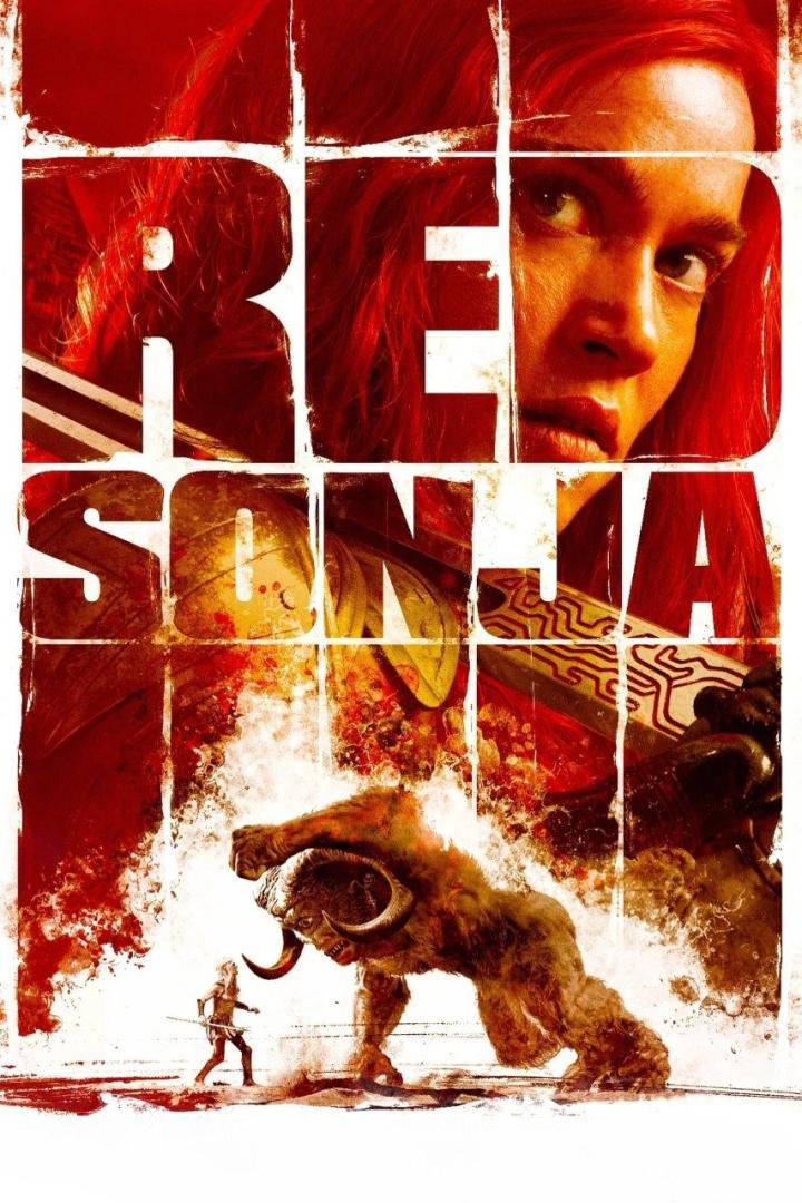 Das Filmplakat für „Red Sonja“ zeigt die Heldin im Kampf mit einem gehörnten Monster.