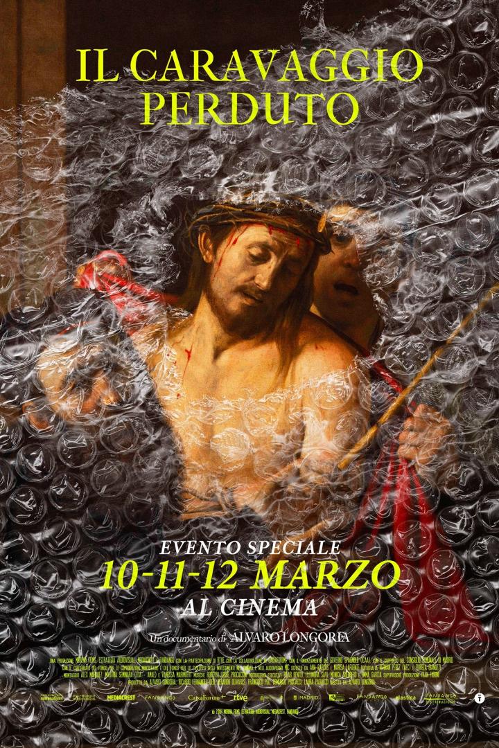 Das Filmplakat für „Il Caravaggio Perduto“ zeigt ein Gemälde von Jesus mit Dornenkrone, verpackt in Luftpolsterfolie.