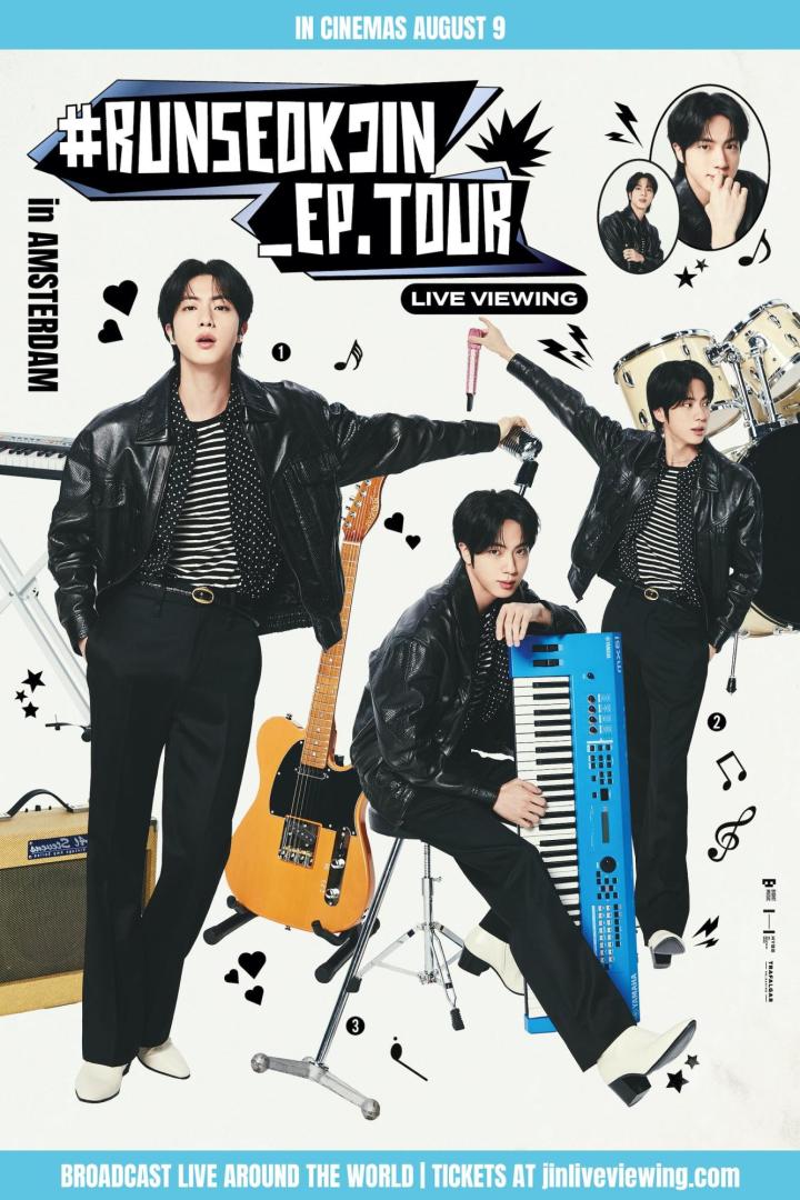 Ein Werbeplakat für die „Run Seok Jin EP. Tour“ mit dem Sänger Jin und verschiedenen Musikinstrumenten.