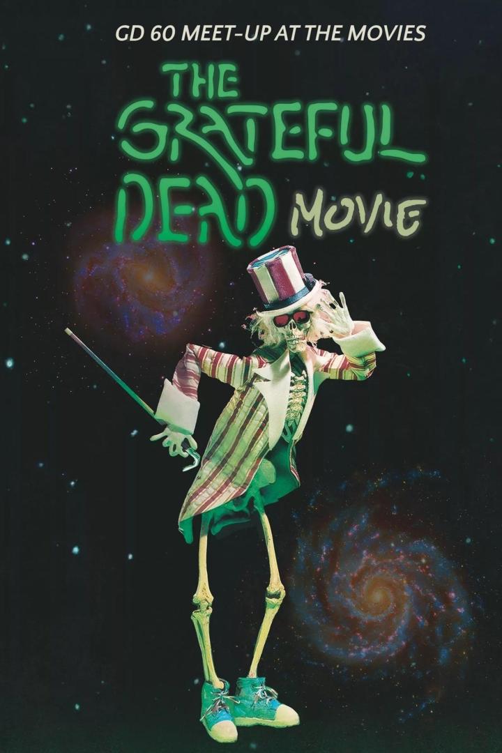 Ein Skelett im Zylinder und gestreiften Anzug vor einem Hintergrund mit Galaxien für „The Grateful Dead Movie“.