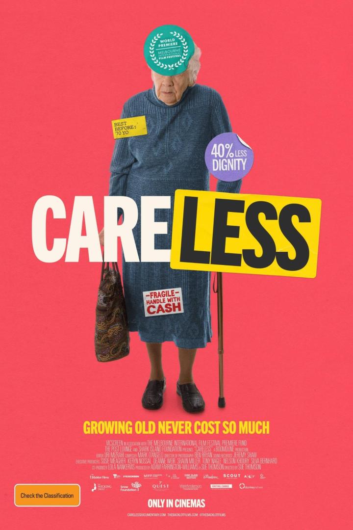 Das Filmplakat zu „Careless“ zeigt eine ältere Frau mit Schildern, die auf Altersarmut hinweisen.