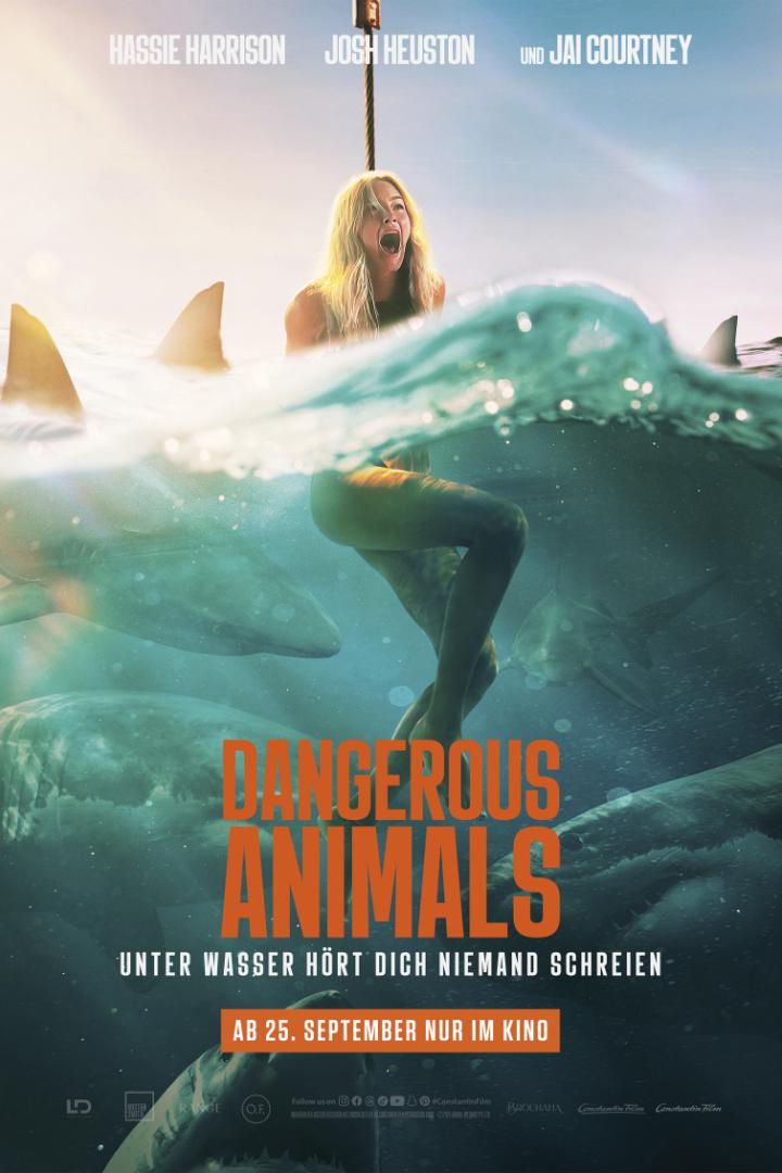 Eine Frau ist von Haien umgeben, Filmposter für „Dangerous Animals“.