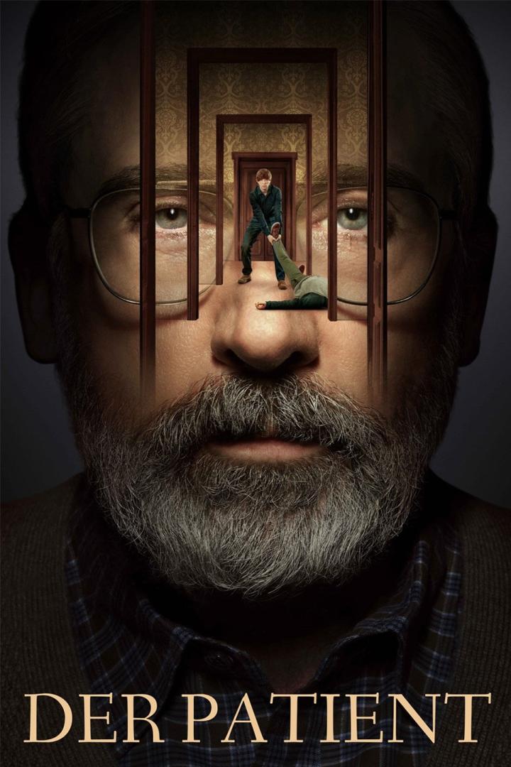 Das Filmplakat für „Der Patient“ zeigt einen Mann, der eine Leiche durch eine Reihe von Türen zieht.