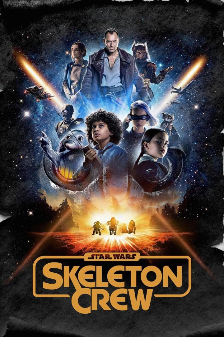 Das Poster für „Star Wars: Skeleton Crew“ zeigt eine Gruppe von Kindern und andere Charaktere vor einem Weltraumhintergrund.