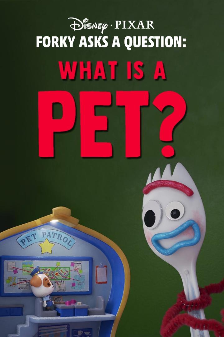 Das Titelbild von „Forky Asks a Question: Was ist ein Haustier?“ mit Forky und einem „Pet Patrol“-Spielset.