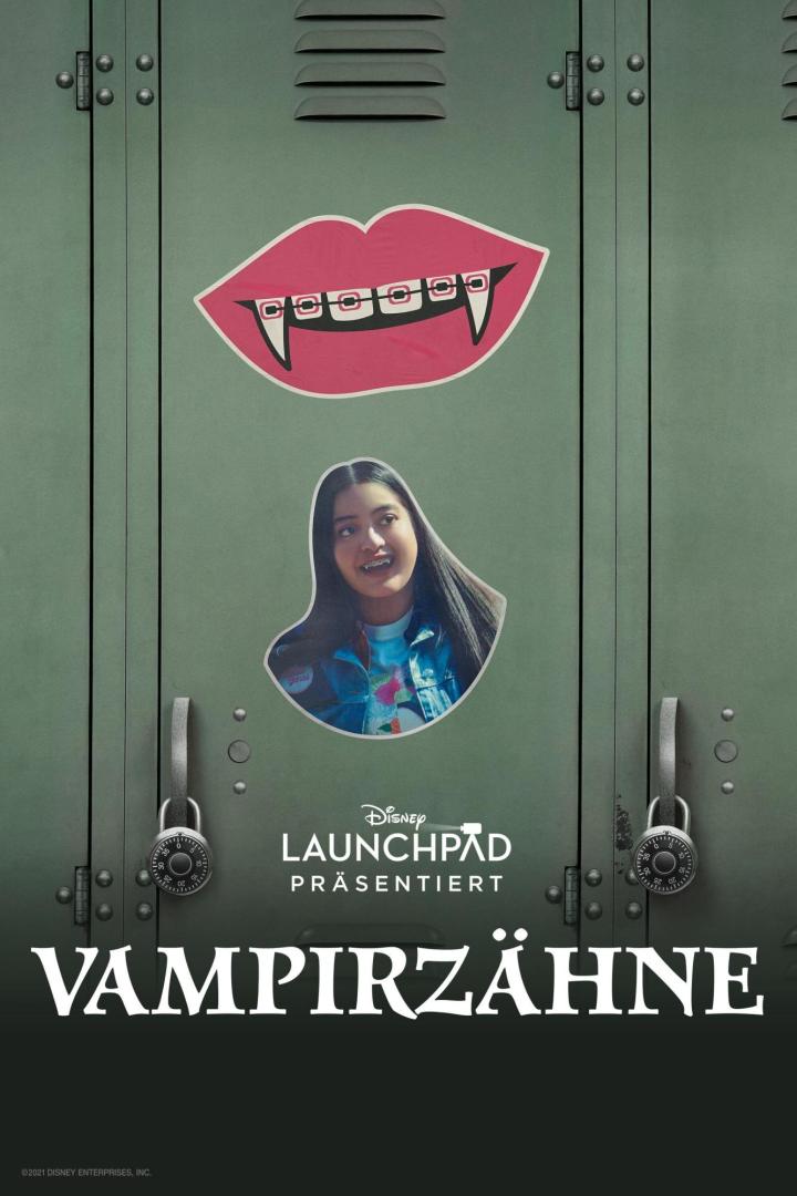 Das Filmplakat für „Vampirzähne“ zeigt ein Mädchen vor einem Spind mit Vampirzähnen und Zahnspangen.