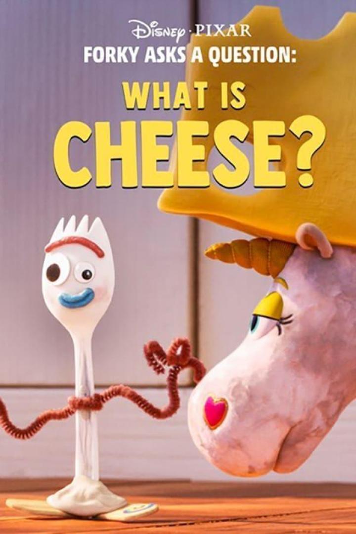Das Filmplakat zu „Forky Asks A Question: What Is Cheese?“ mit Forky und einem Einhorn.