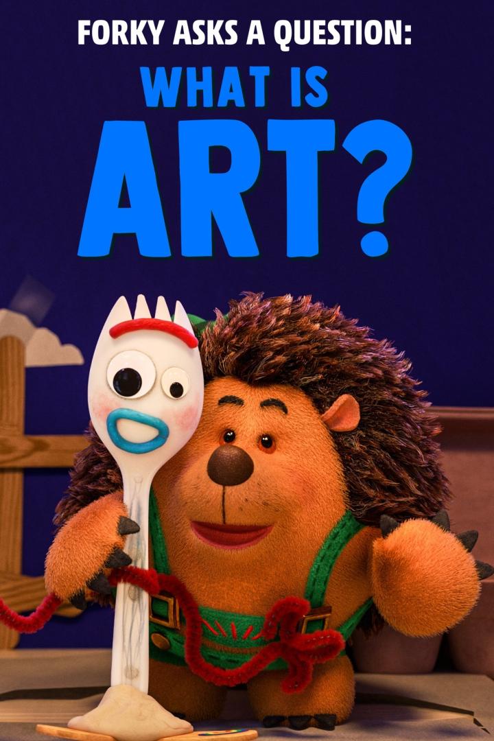 Das Titelbild von „Forky Asks a Question: What Is Art?“ mit Forky und einem Igel.