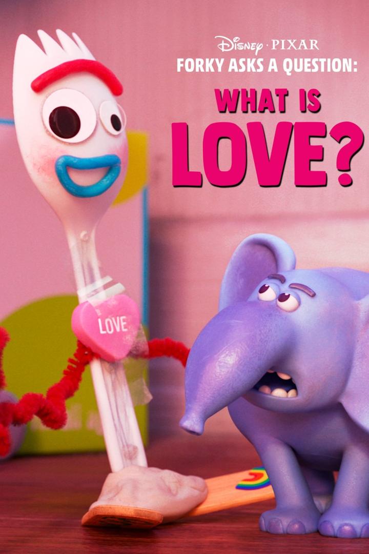 Das Filmplakat zu „Forky Asks a Question: What Is Love?“ mit Forky und einem lila Elefanten.
