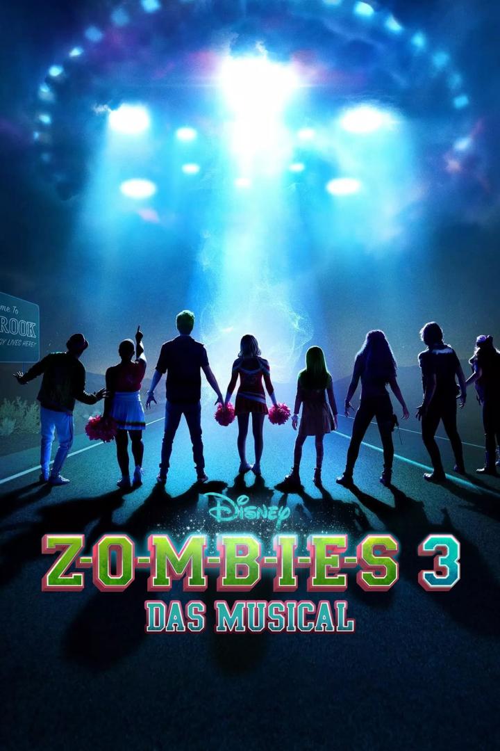 Das Filmplakat zu „Zombies 3: Das Musical“ zeigt Zombies, Cheerleader und Aliens unter einem UFO.