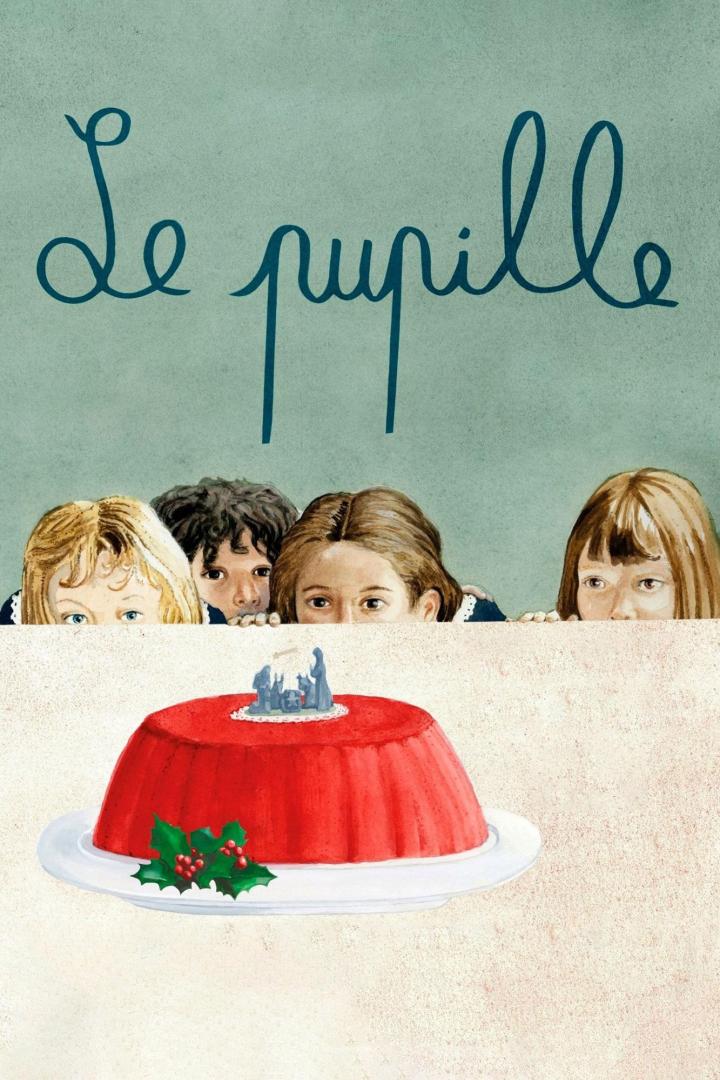 Das Poster für den Film „Le pupille“ zeigt Kinder, die auf eine rote Süßspeise mit einer Krippe schauen.