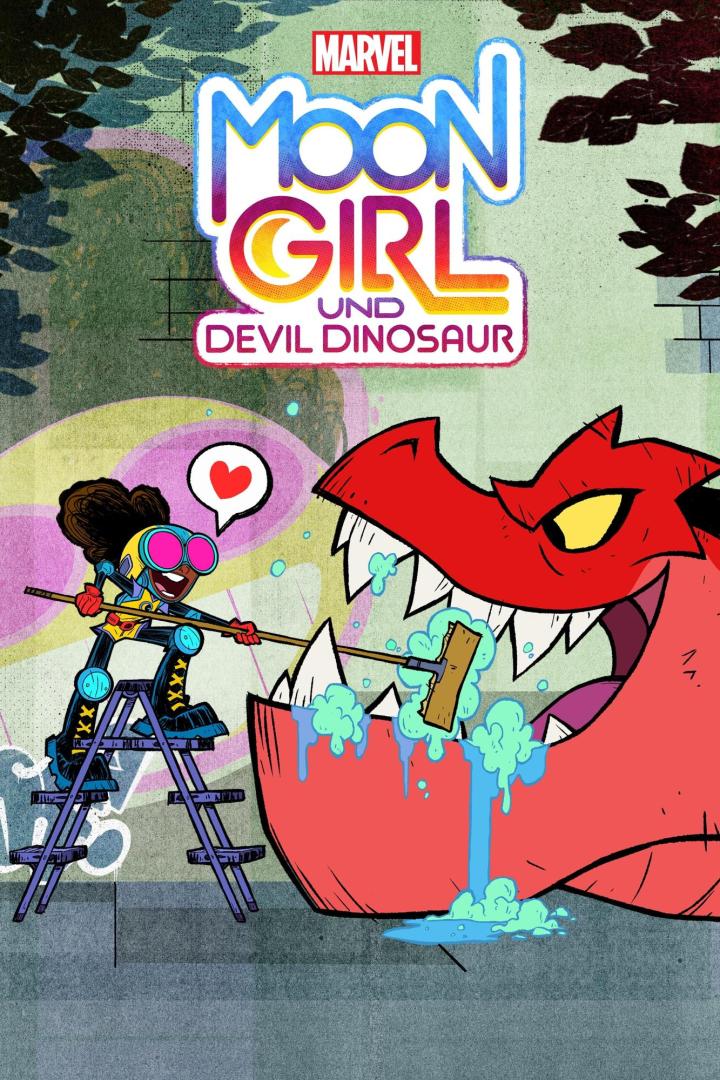 Moon Girl putzt mit einer Bürste die Zähne von Devil Dinosaur.
