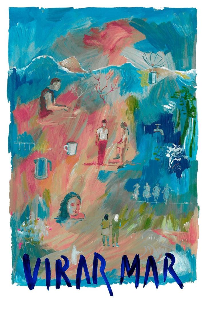 Ein Gemälde mit verschiedenen Szenen, darunter Menschen, Berge und der Schriftzug „Virar Mar“.