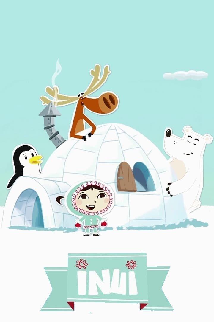 Ein Cartoon-Mädchen steht vor einem Iglu, umgeben von einem Pinguin, einem Elch und einem Eisbären.