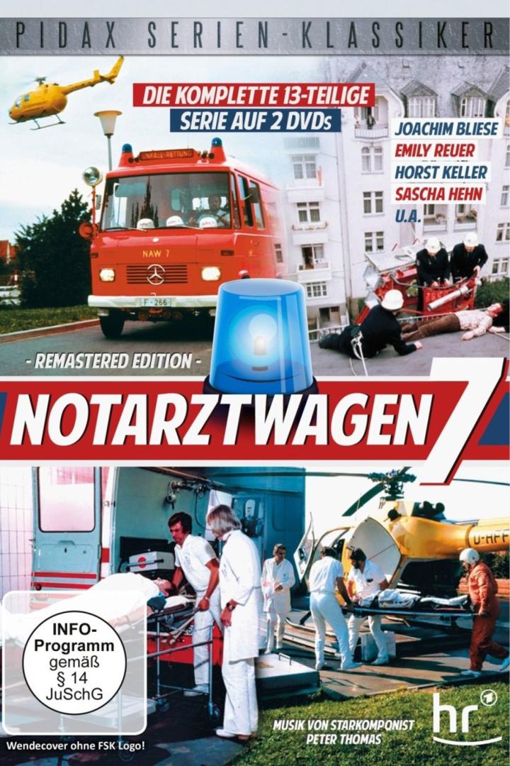 Das Cover der DVD-Box „Notarztwagen 7“ zeigt Einsatzfahrzeuge und Schauspieler der Serie.