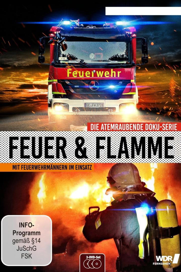 Das Cover der Doku-Serie „Feuer & Flamme“ mit einem Feuerwehrauto und einem Feuerwehrmann im Einsatz.