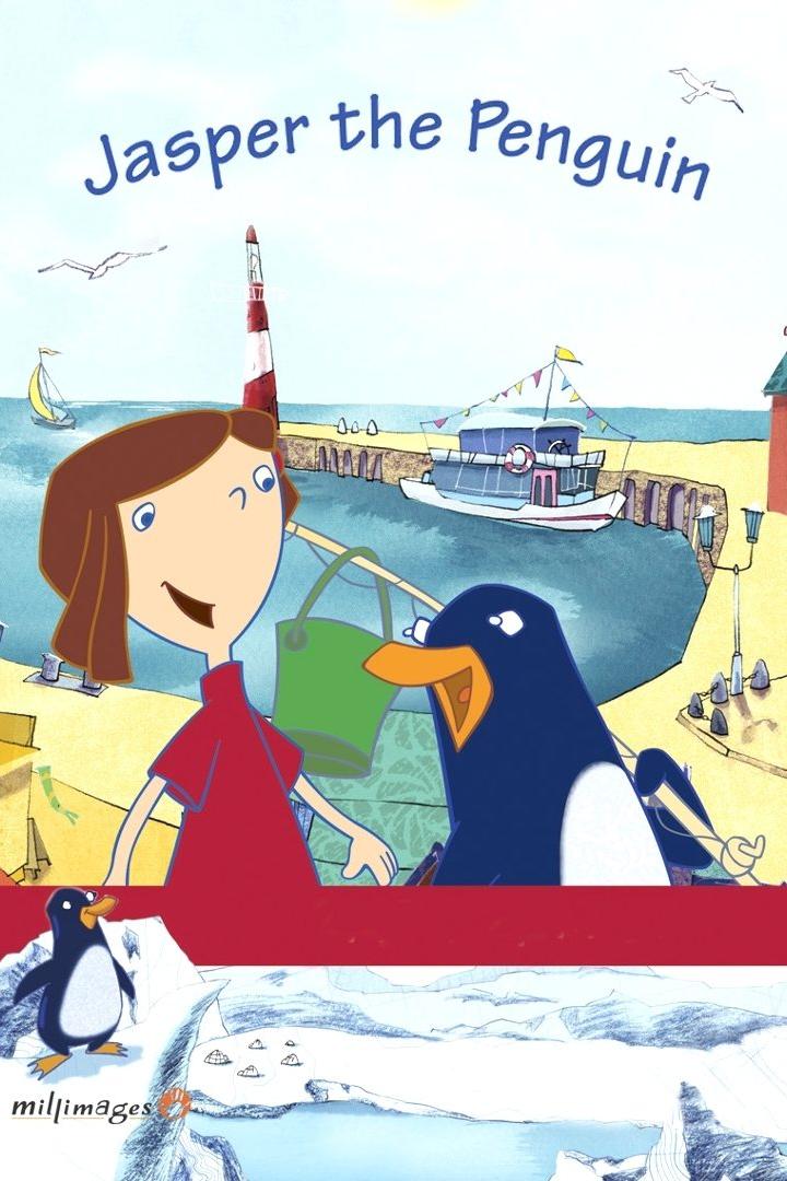 Illustration von Jasper dem Pinguin mit einem Mädchen an einem Hafen.