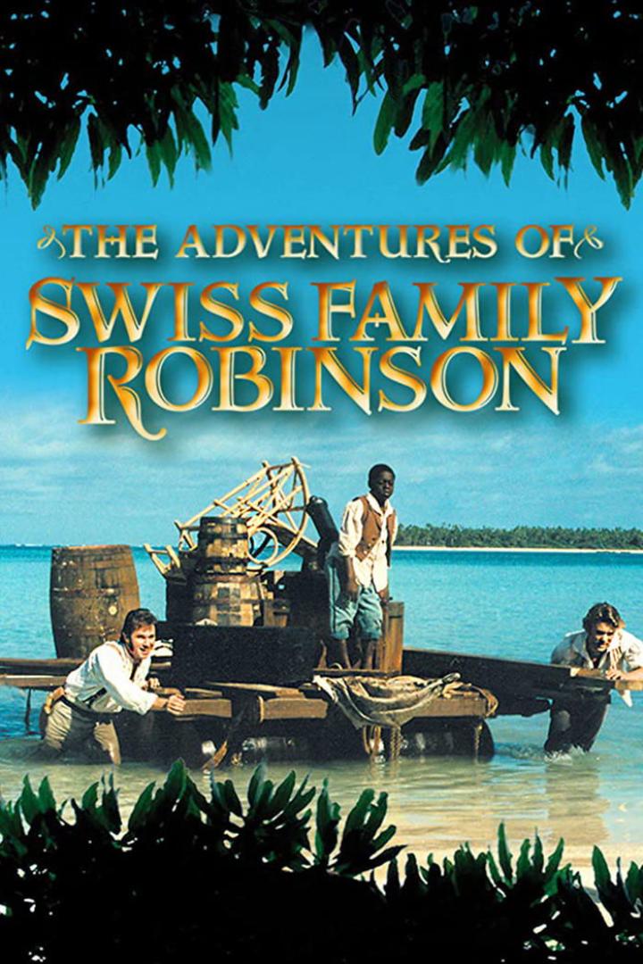 Das Filmplakat für „Die Abenteuer der Schweizer Familie Robinson“ zeigt die Familie auf einem Floß im Meer.