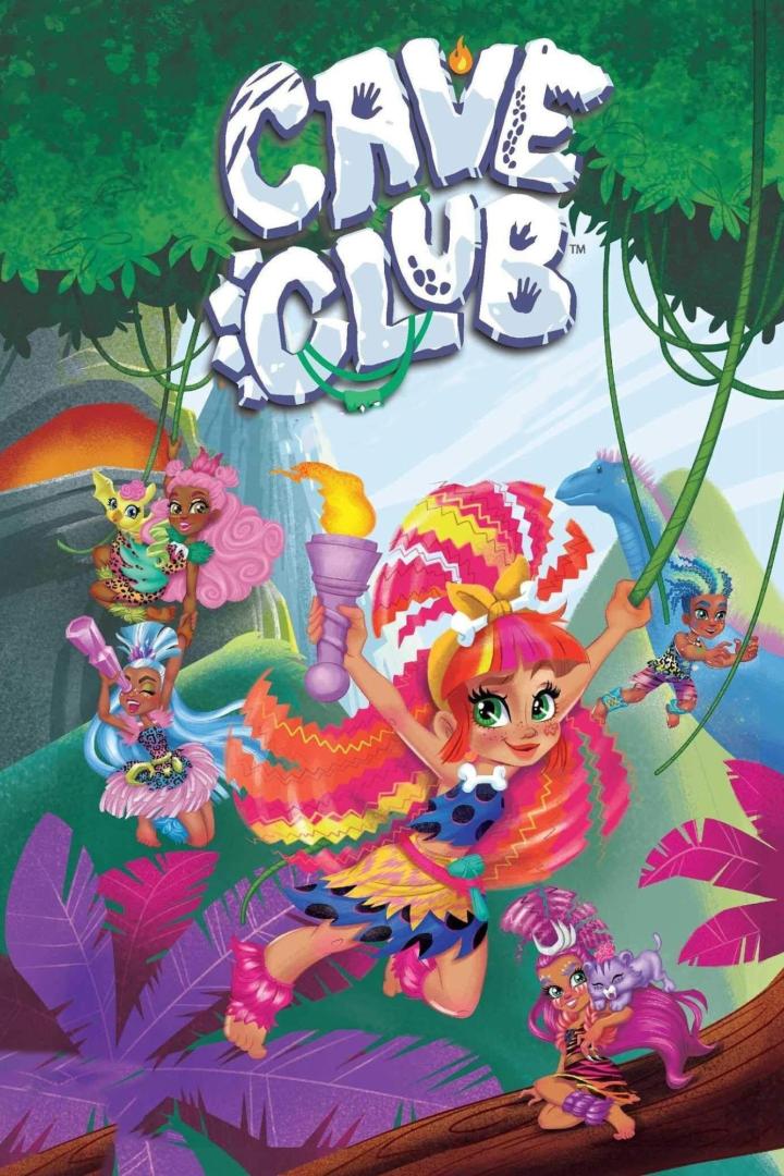 Illustration für „Cave Club“ mit mehreren animierten Mädchen in einer Dschungelkulisse.