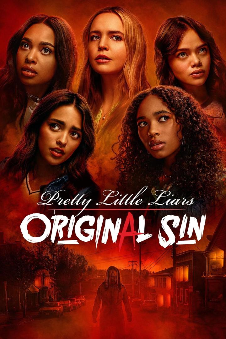 Das Filmplakat für „Pretty Little Liars: Original Sin“ zeigt die Gesichter der fünf Hauptdarstellerinnen und eine unheimliche Gestalt.