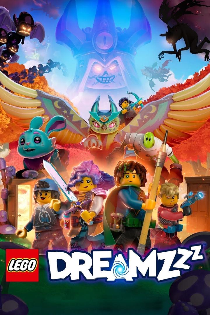 Das LEGO DREAMZzz-Poster zeigt LEGO-Figuren vor einer Traumlandschaft mit einem bedrohlichen Schloss.