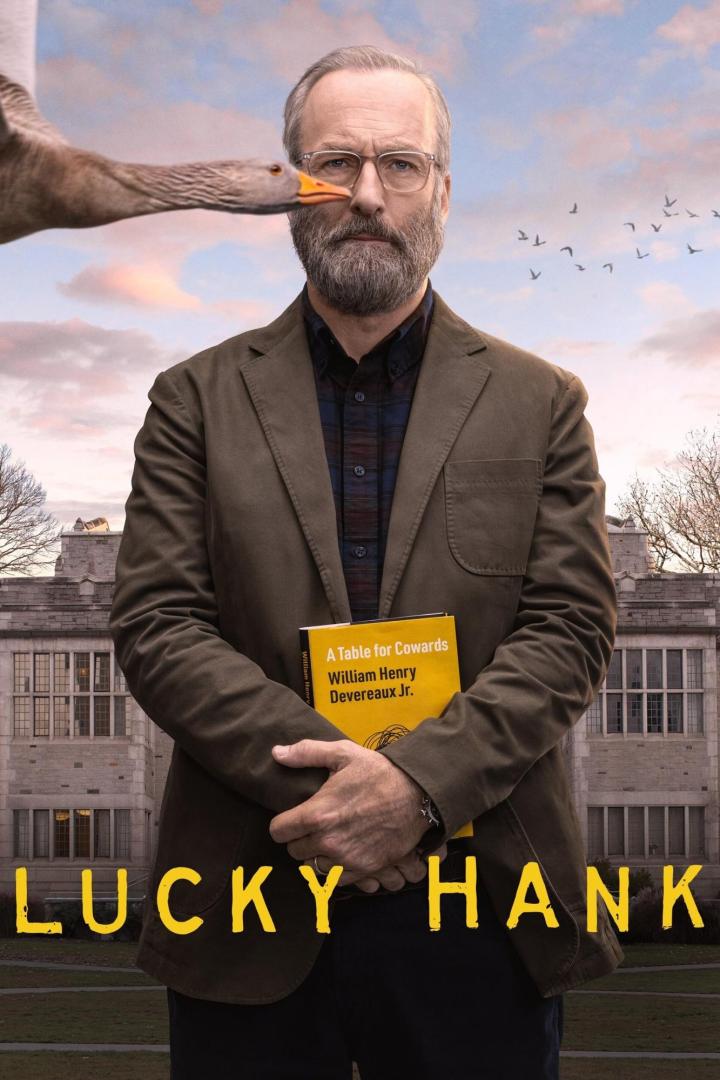 Das Poster für „Lucky Hank“ zeigt Bob Odenkirk mit einer Gans vor dem Gesicht und einem Buch in den Händen.