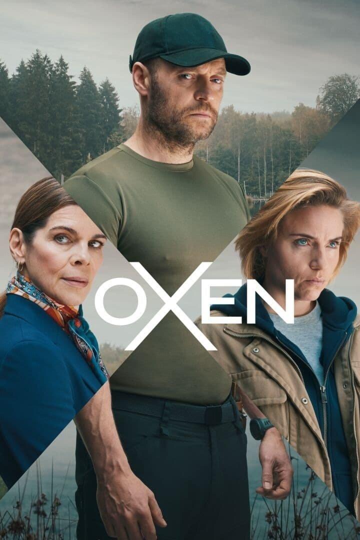 Das Poster für die Fernsehserie „Oxen“ zeigt drei ernste Charaktere vor einer Waldlandschaft.