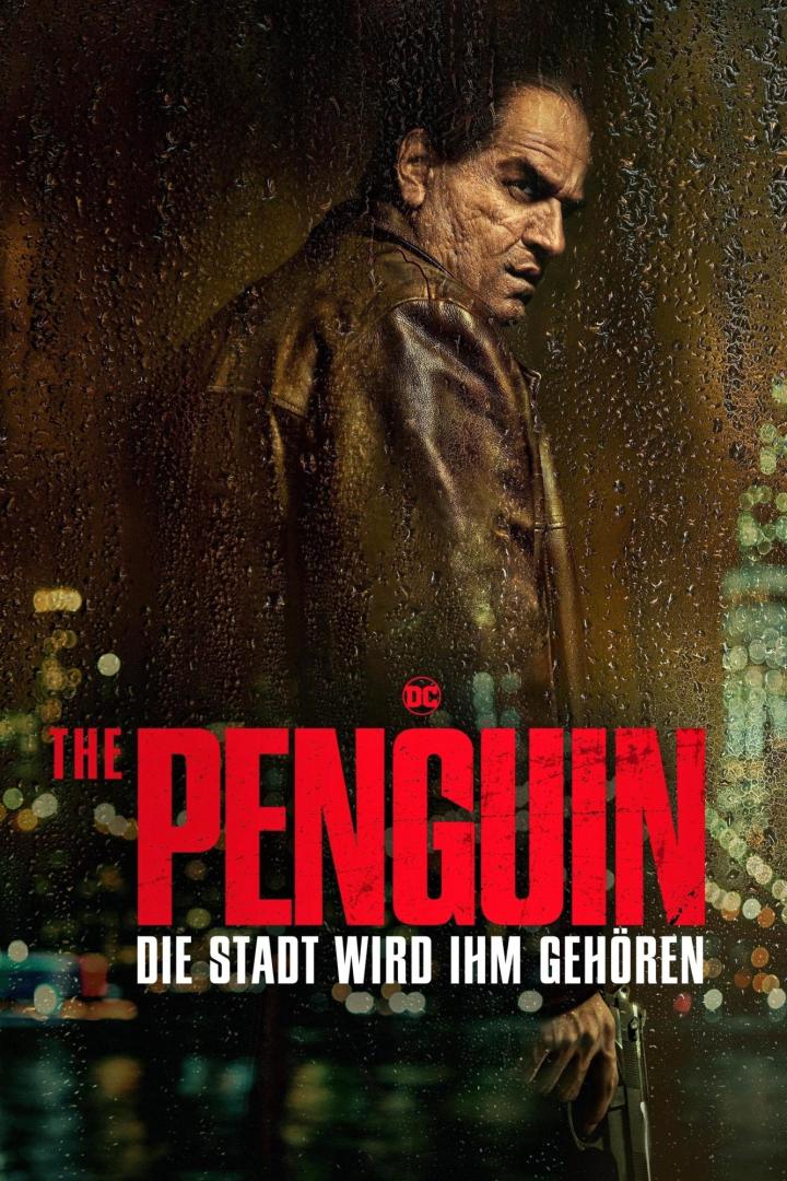 Ein Poster für die Serie „The Penguin“ zeigt Oswald Cobblepot im Regen.