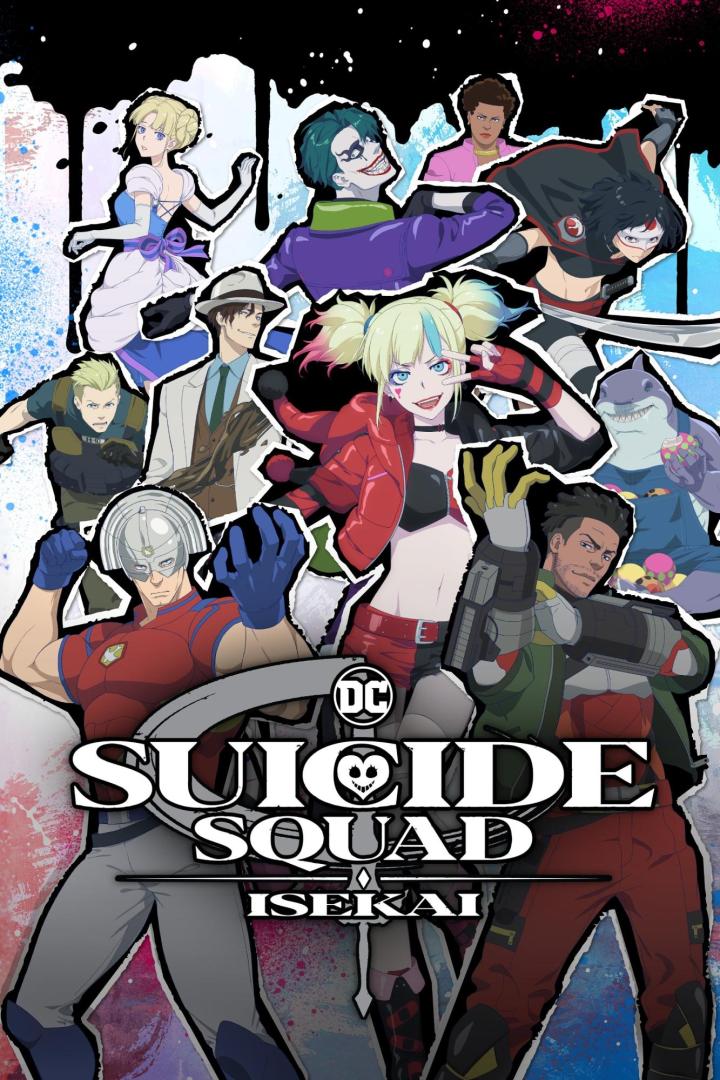 Ein Anime-Poster für „Suicide Squad Isekai“ mit Harley Quinn, Joker, Peacemaker und anderen Charakteren.
