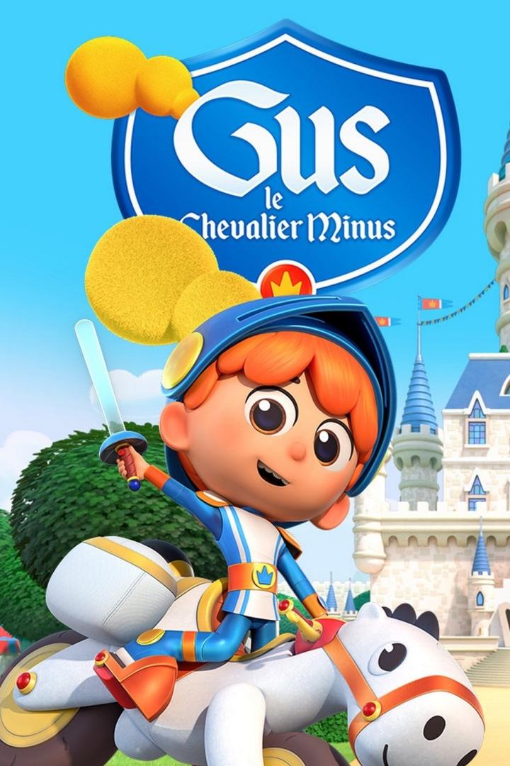 Ein animierter Gus reitet als kleiner Ritter auf einem Spielzeugpferd vor einem Schloss.