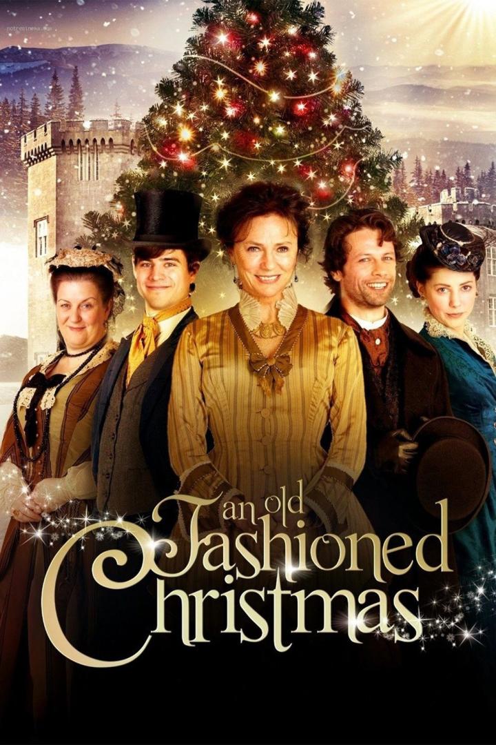 Das Filmplakat für „An Old Fashioned Christmas“ zeigt fünf Personen vor einem Weihnachtsbaum und einem Schloss.