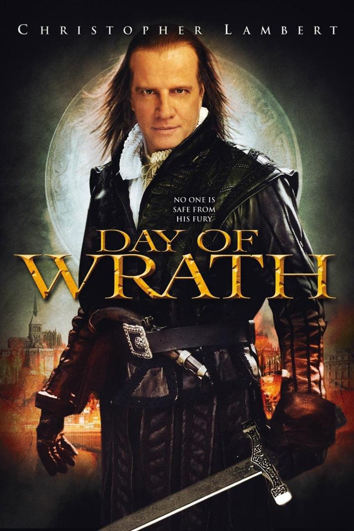 Das Filmplakat für „Day of Wrath“ zeigt Christopher Lambert in historischer Kleidung mit einem Schwert.