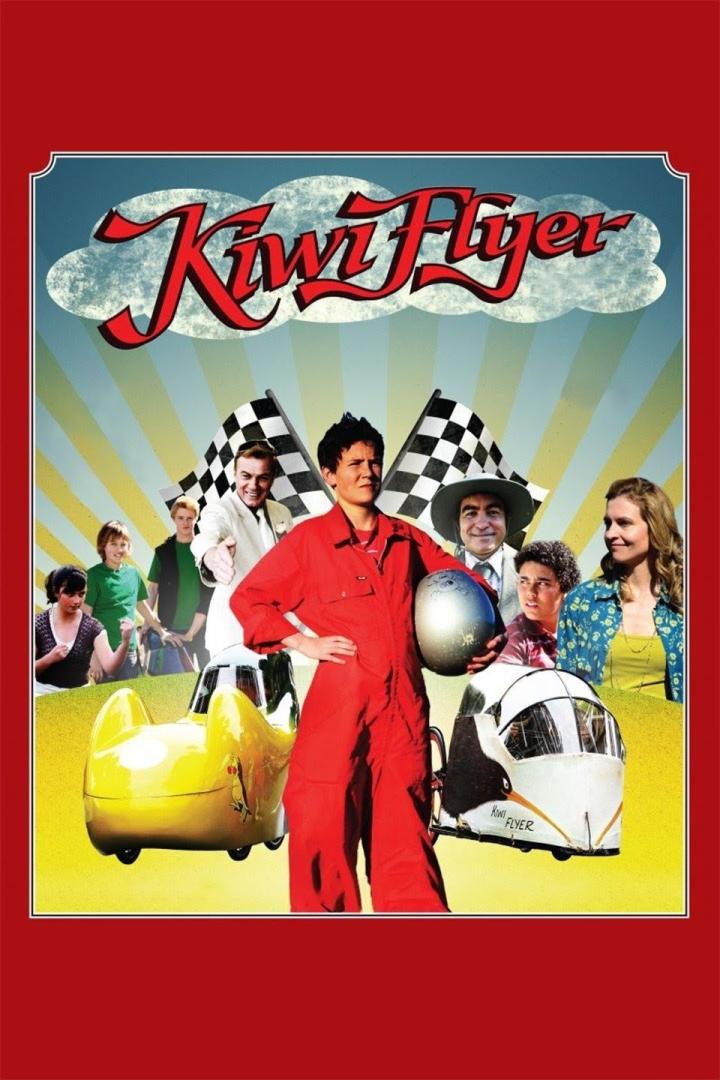 Das Filmplakat für „Kiwi Flyer“ zeigt eine Gruppe von Personen und Seifenkisten.
