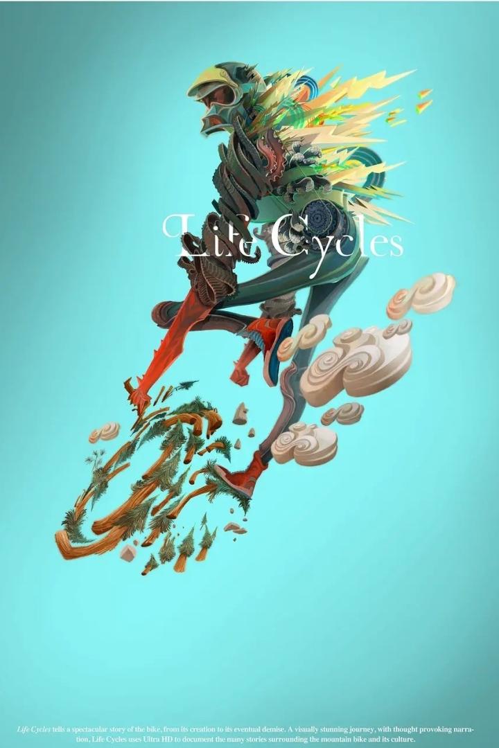 Das Kunstwerk zeigt einen stilisierten Mountainbiker vor einem hellblauen Hintergrund mit dem Titel „Life Cycles“.